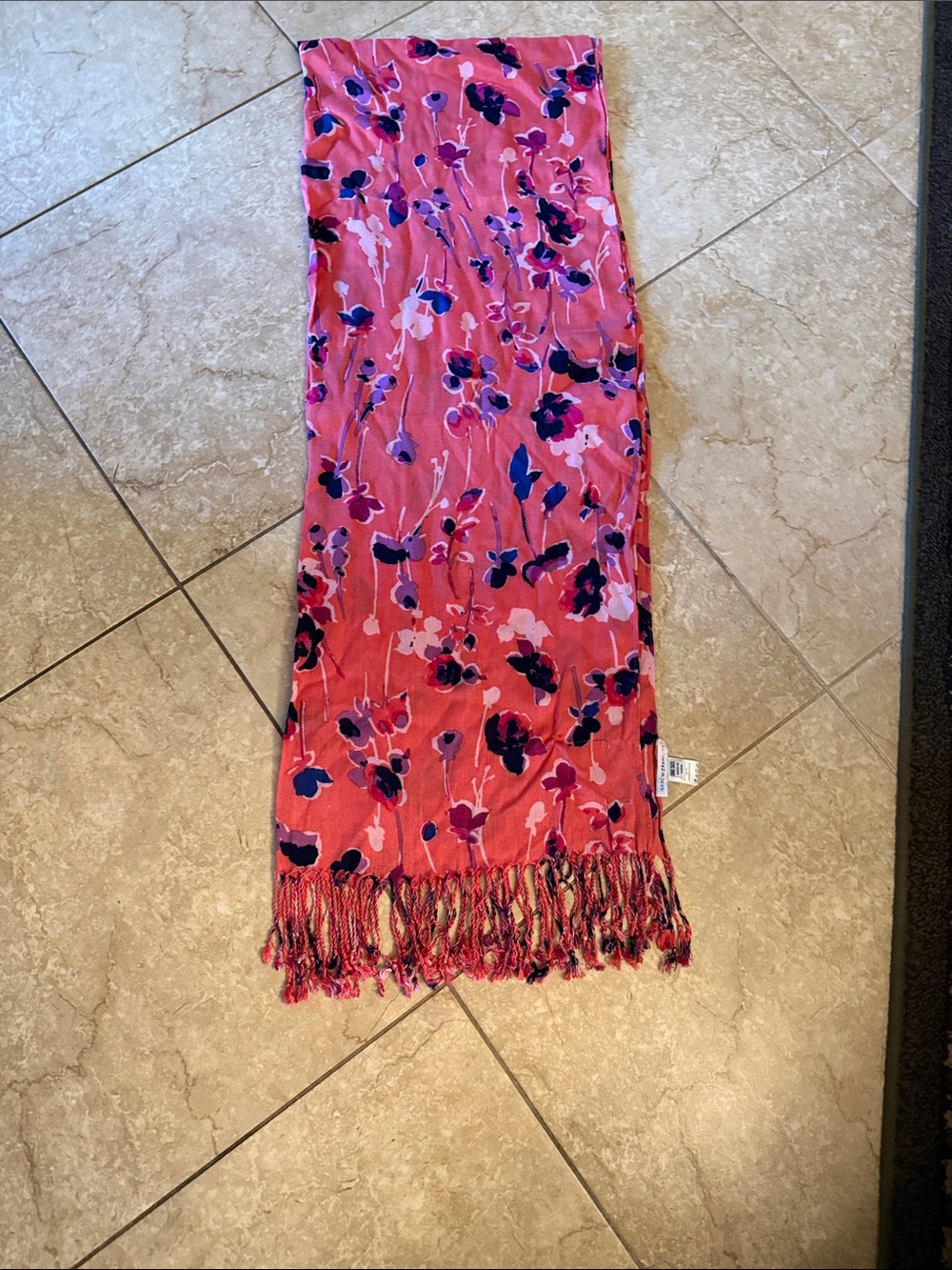 Isaac Mizrahi Pink Floral Fringe Scarf with Purple and Navy Accents